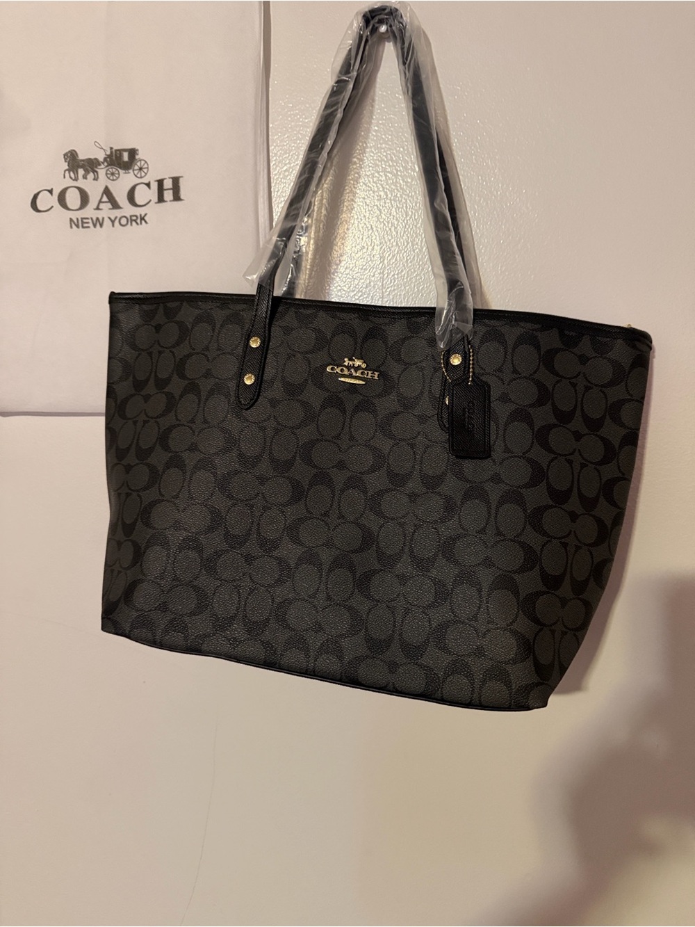 Coach Black Signature Jacquard Tote with Gold Accent